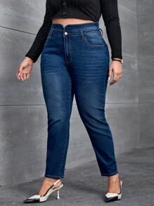 SHEIN Essnce Plus Asymmetrical Waist Skinny Jeans - Dark Wash - View 3