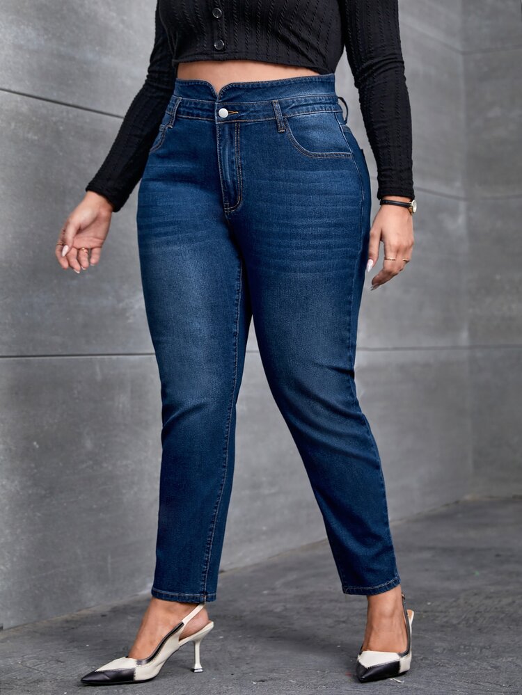 SHEIN Essnce Plus Asymmetrical Waist Skinny Jeans - Dark Wash - View 3