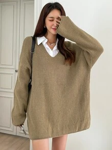 DAZY Drop Shoulder Ribbed Knit Jumper - Khaki - View 5