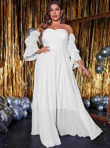 YISIKADO Vestido de hombros descubiertos de manga con volante pecho con fruncido de gasa - Blanco - Ver 1