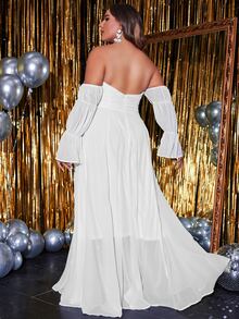 YISIKADO Vestido de hombros descubiertos de manga con volante pecho con fruncido de gasa - Blanco - Ver 2