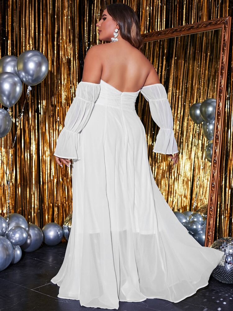 YISIKADO Vestido de hombros descubiertos de manga con volante pecho con fruncido de gasa - Blanco - Añade 2