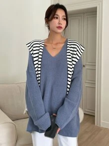 DAZY Drop Shoulder Ribbed Knit Jumper - Dusty Blue - View 7