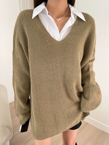 DAZY Drop Shoulder Ribbed Knit Jumper - Khaki - View 6