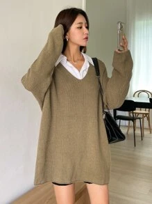 DAZY Drop Shoulder Ribbed Knit Jumper - Khaki - View 7