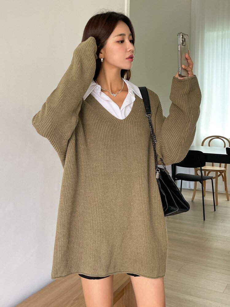 DAZY Drop Shoulder Ribbed Knit Jumper - Khaki - View 7