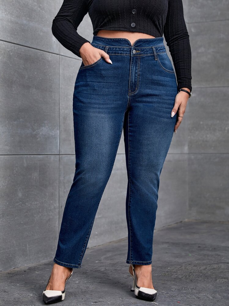 SHEIN Essnce Plus Asymmetrical Waist Skinny Jeans - Dark Wash - View 1