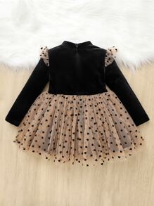 SHEIN Baby Heart Print Mesh Panel Ruffle Trim Velvet Dress - Multicolor - View 4