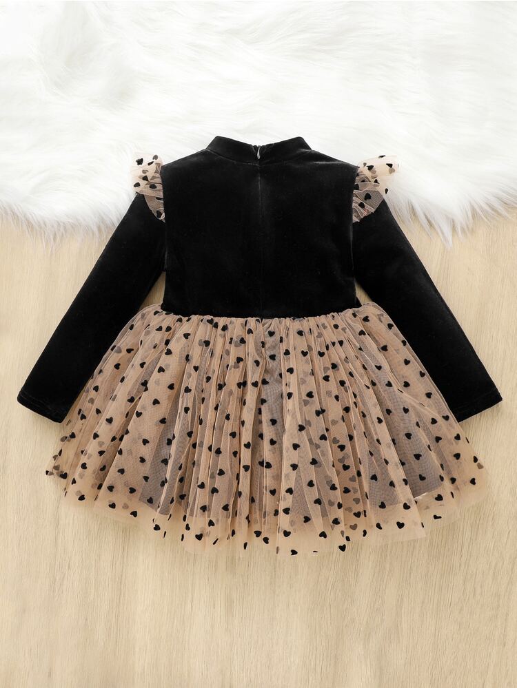 SHEIN Baby Heart Print Mesh Panel Ruffle Trim Velvet Dress - Multicolor - View 4