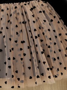 SHEIN Baby Heart Print Mesh Panel Ruffle Trim Velvet Dress - Multicolor - View 5