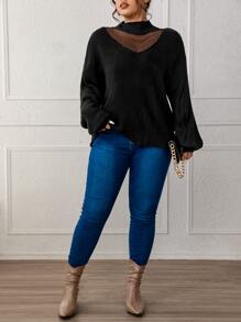 SHEIN LUNE 撞色网眼高领落肩针织套头衫，秋冬款 - 黑色 - 查看 3