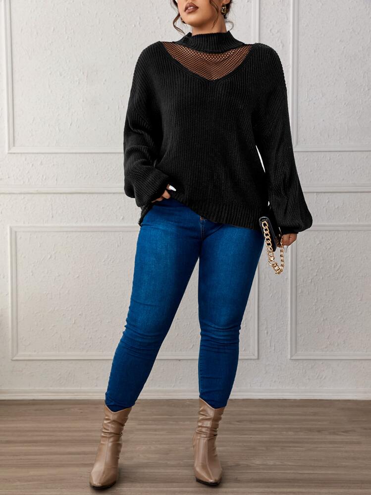 SHEIN LUNE 撞色网眼高领落肩针织套头衫，秋冬款 - 黑色 - 查看 3