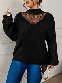 SHEIN LUNE 撞色网眼高领落肩针织套头衫，秋冬款 - 黑色 - 查看 6