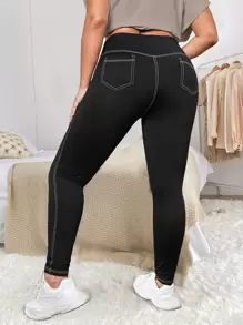 SHEIN EZwear Plus Top-stitching Skinny Pants - Black - View 2