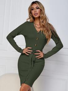 SHEIN Frenchy Vestido de punto ajustado con cinturón tejido de canalé - Verde Oscuro - Ver 4