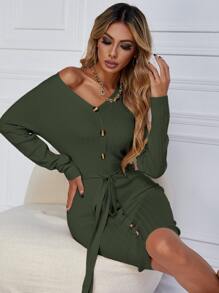 SHEIN Frenchy Vestido de punto ajustado con cinturón tejido de canalé - Verde Oscuro - Ver 5