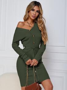 SHEIN Frenchy Vestido de punto ajustado con cinturón tejido de canalé - Verde Oscuro - Ver 6