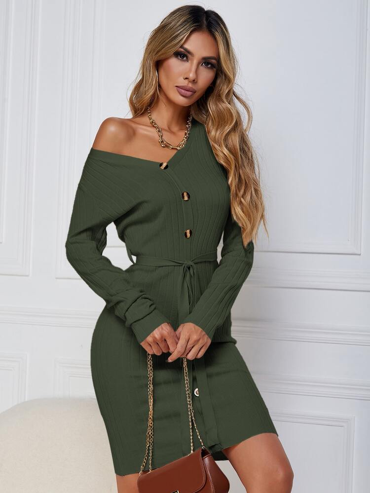 SHEIN Frenchy Belted Ribbed Knit Bodycon Jumper Dress - Dark Green - View 6