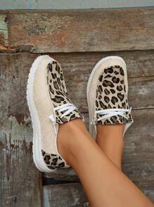 Zapatos sin cordones de mezclilla con diseño de cordones y estampado de leopardo para mujer - Caqui - Ver 6