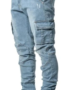 ROMWE MEN Men Cotton Pocket Detail Stacked Jeans - Light Wash - View 3