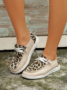 Zapatos sin cordones de mezclilla con diseño de cordones y estampado de leopardo para mujer - Caqui - Ver 5