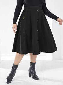 Mulvari 大碼高腰假鈕扣半身裙 - 黑色 - 查看 3