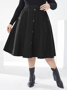 Mulvari 大碼高腰假鈕扣半身裙 - 黑色 - 查看 4