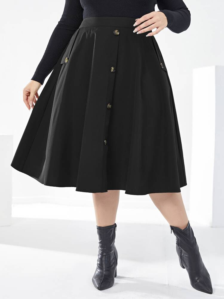 Mulvari 大碼高腰假鈕扣半身裙 - 黑色 - 查看 4