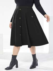 Mulvari 大碼高腰假鈕扣半身裙 - 黑色 - 查看 5