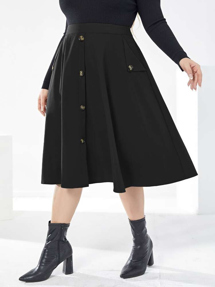 Mulvari 大碼高腰假鈕扣半身裙 - 黑色 - 查看 5