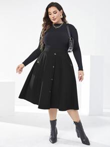 Mulvari 大碼高腰假鈕扣半身裙 - 黑色 - 查看 6