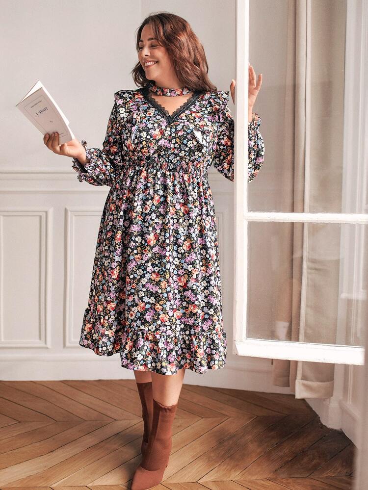 SHEIN Frenchy Plus Floral Print Guipure Lace Insert Flounce Sleeve Ruffle Hem Dress - Multicolor - View 2