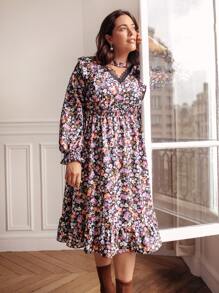 SHEIN Frenchy Plus Floral Print Guipure Lace Insert Flounce Sleeve Ruffle Hem Dress - Multicolor - View 1
