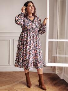 SHEIN Frenchy Plus Floral Print Guipure Lace Insert Flounce Sleeve Ruffle Hem Dress - Multicolor - View 3