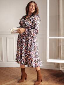 SHEIN Frenchy Plus Floral Print Guipure Lace Insert Flounce Sleeve Ruffle Hem Dress - Multicolor - View 4