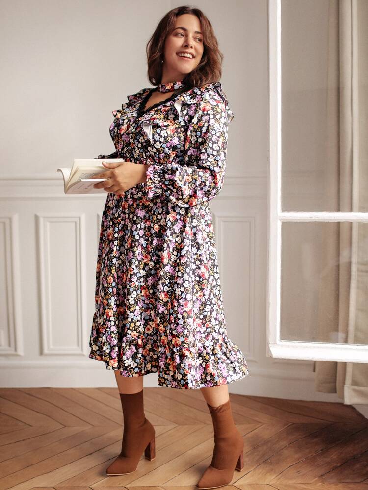 SHEIN Frenchy Plus Floral Print Guipure Lace Insert Flounce Sleeve Ruffle Hem Dress - Multicolor - View 4
