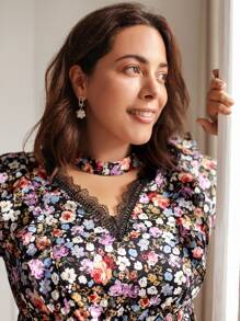 SHEIN Frenchy Plus Floral Print Guipure Lace Insert Flounce Sleeve Ruffle Hem Dress - Multicolor - View 5