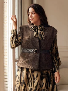 SHEIN Plus Sleeveless Teddy Coat With Belt - Chocolate Brown - View 2