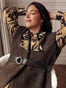 SHEIN Plus Sleeveless Teddy Coat With Belt - Chocolate Brown - View 6