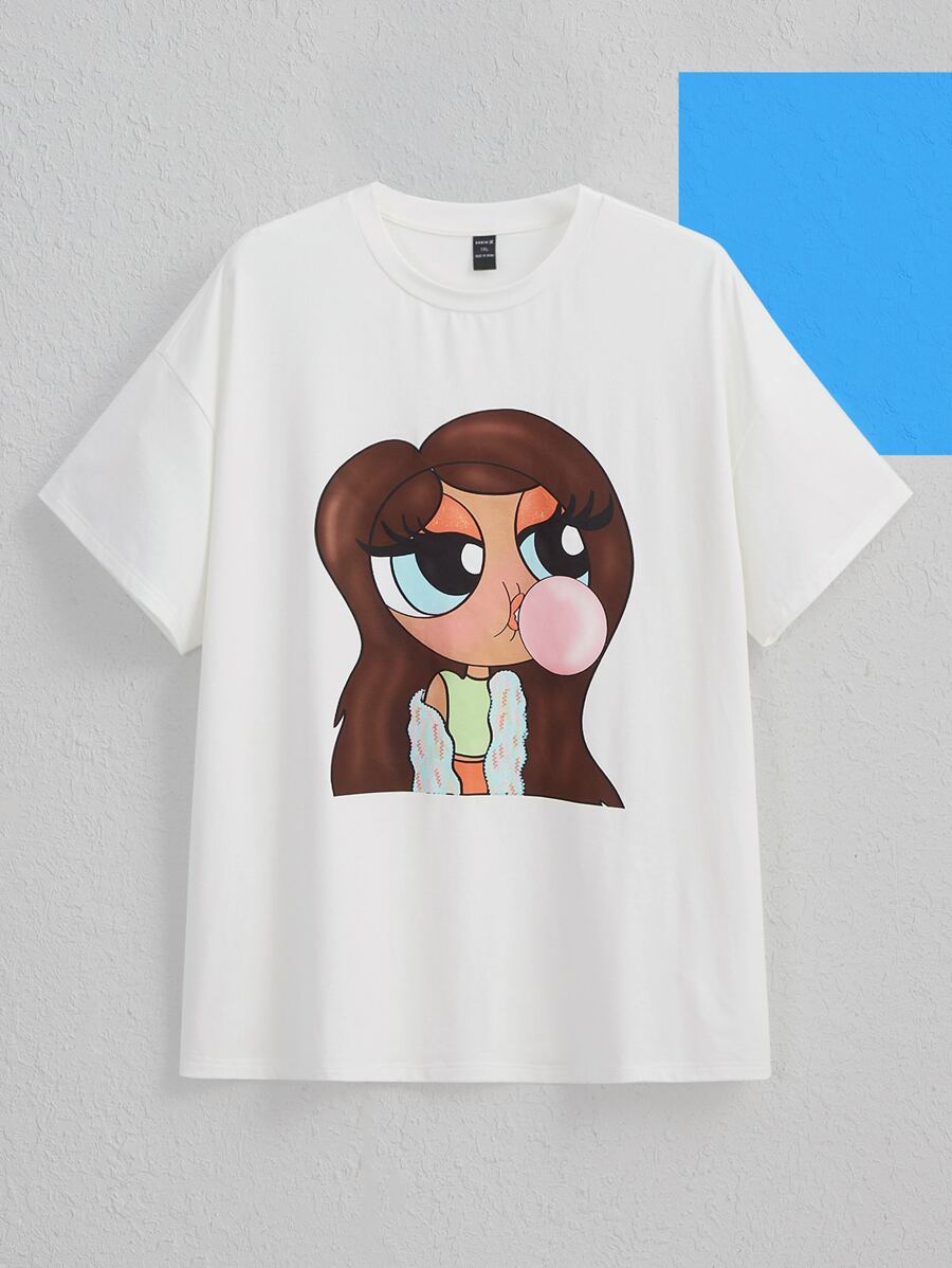 Tay Mills 大碼卡通圖案落肩T恤 - 白色 - 查看 1