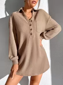 SHEIN Essnce Đầm Nút phía trước màu trơn Giải trí - Lạc đà - Xem 1