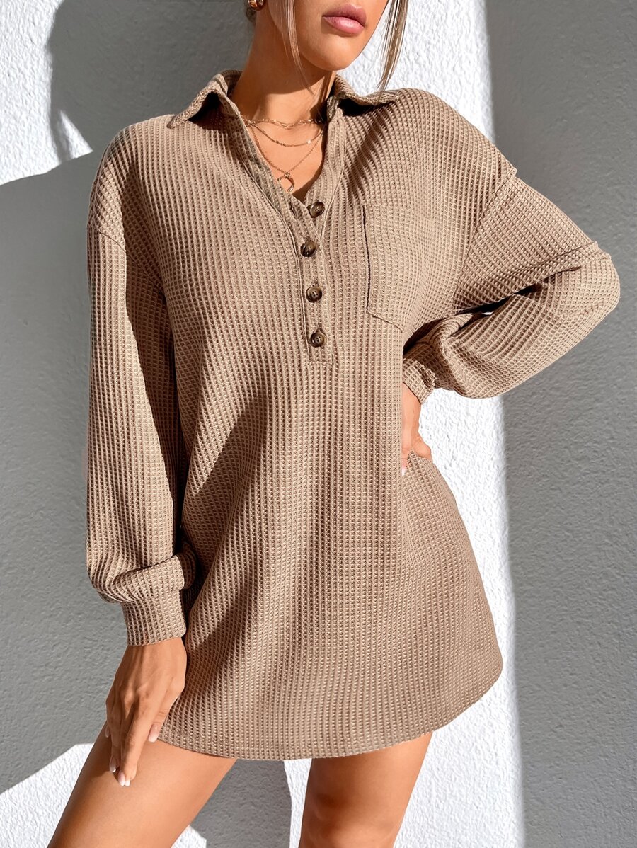 SHEIN Essnce Đầm Nút phía trước màu trơn Giải trí - Lạc đà - Xem 1