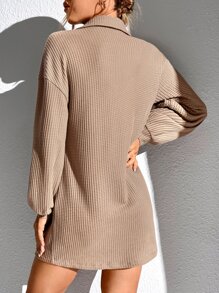 SHEIN Essnce Đầm Nút phía trước màu trơn Giải trí - Lạc đà - Xem 2