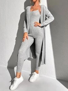 SHEIN Essnce 素色條紋針織吊帶彈力緊身連體褲和開門襟外套 - 淺灰色 - 查看 3