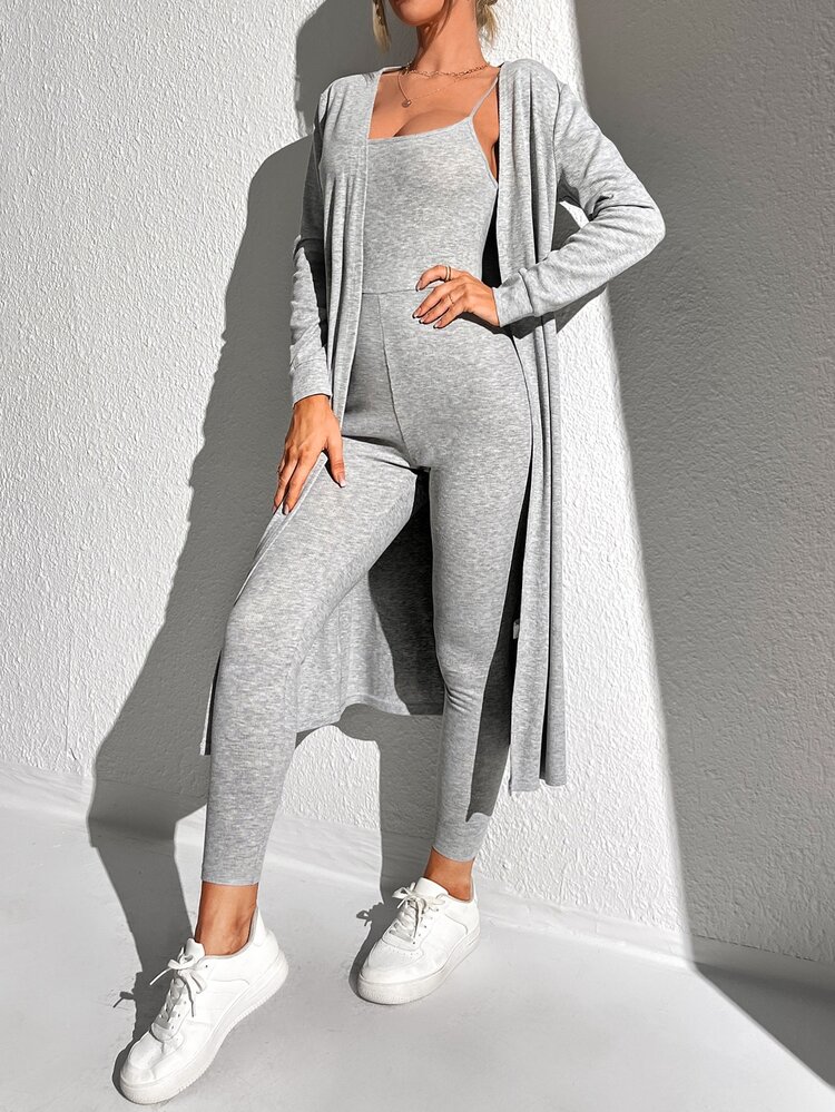 SHEIN Essnce 素色條紋針織吊帶彈力緊身連體褲和開門襟外套 - 淺灰色 - 查看 3