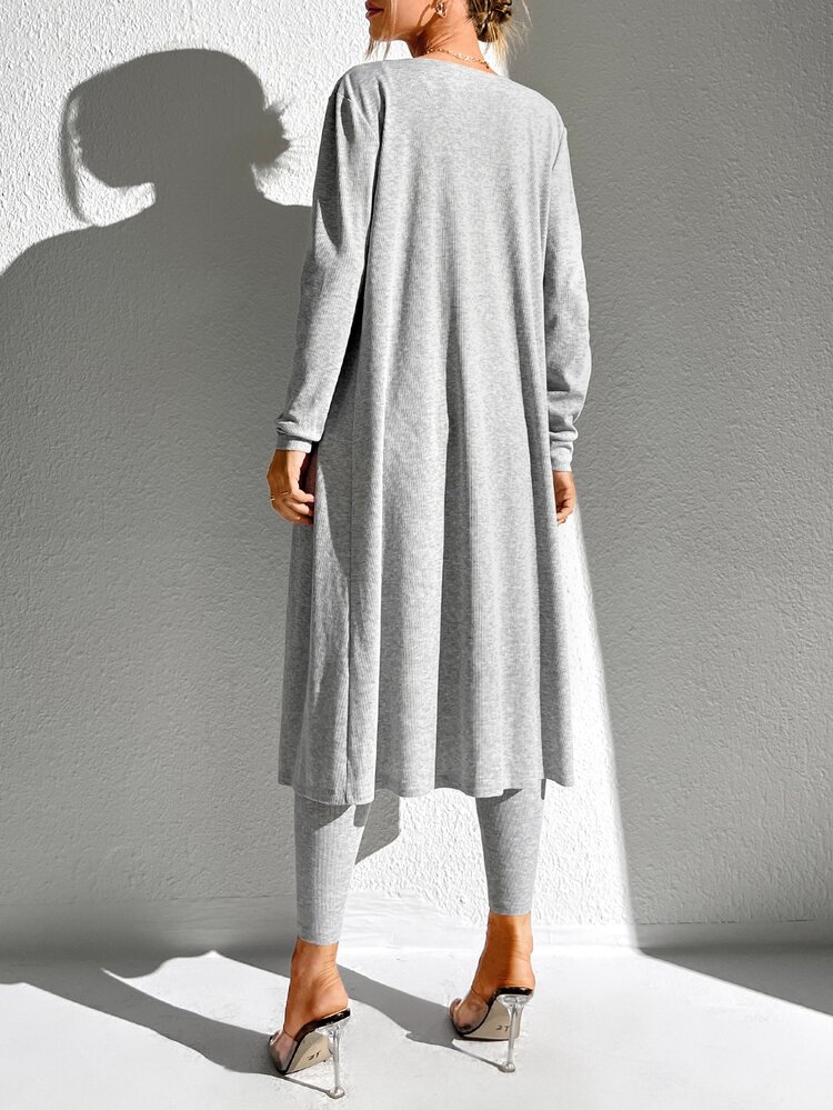 SHEIN Essnce 素色條紋針織吊帶彈力緊身連體褲和開門襟外套 - 淺灰色 - 查看 2