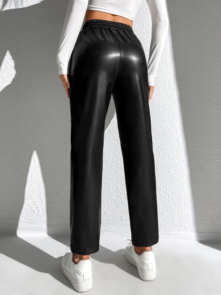 SHEIN EZwear 腰部抽繩不對稱下擺PU皮革錐形褲 - 黑色 - 查看 2