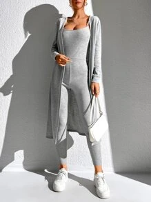 SHEIN Essnce 素色條紋針織吊帶彈力緊身連體褲和開門襟外套 - 淺灰色 - 查看 5