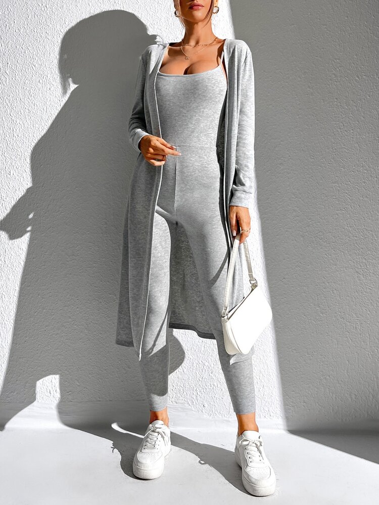 SHEIN Essnce 素色條紋針織吊帶彈力緊身連體褲和開門襟外套 - 淺灰色 - 查看 5