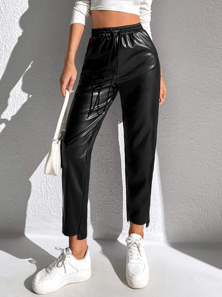 SHEIN EZwear 腰部抽繩不對稱下擺PU皮革錐形褲 - 黑色 - 查看 3
